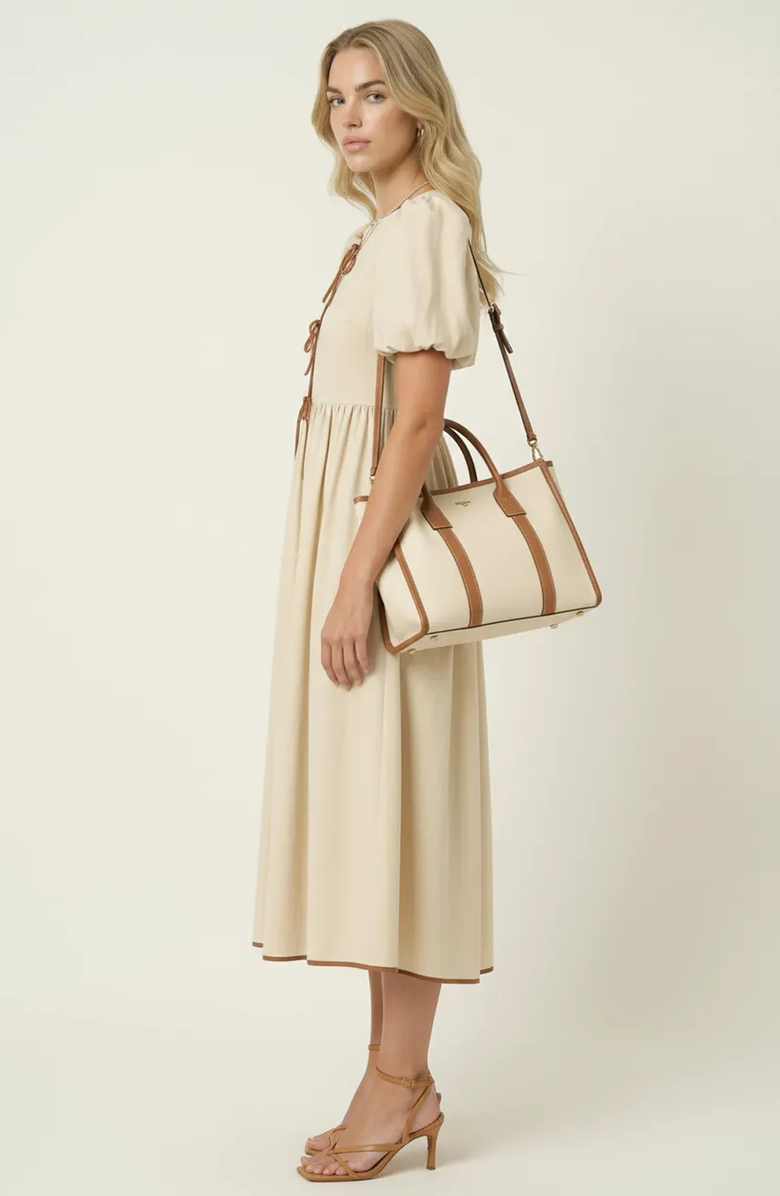 Modenaire Midi Puff Sleeve Dress with Contrast Ties and Hemline Trim, Alternate, color, Off-White / Cream