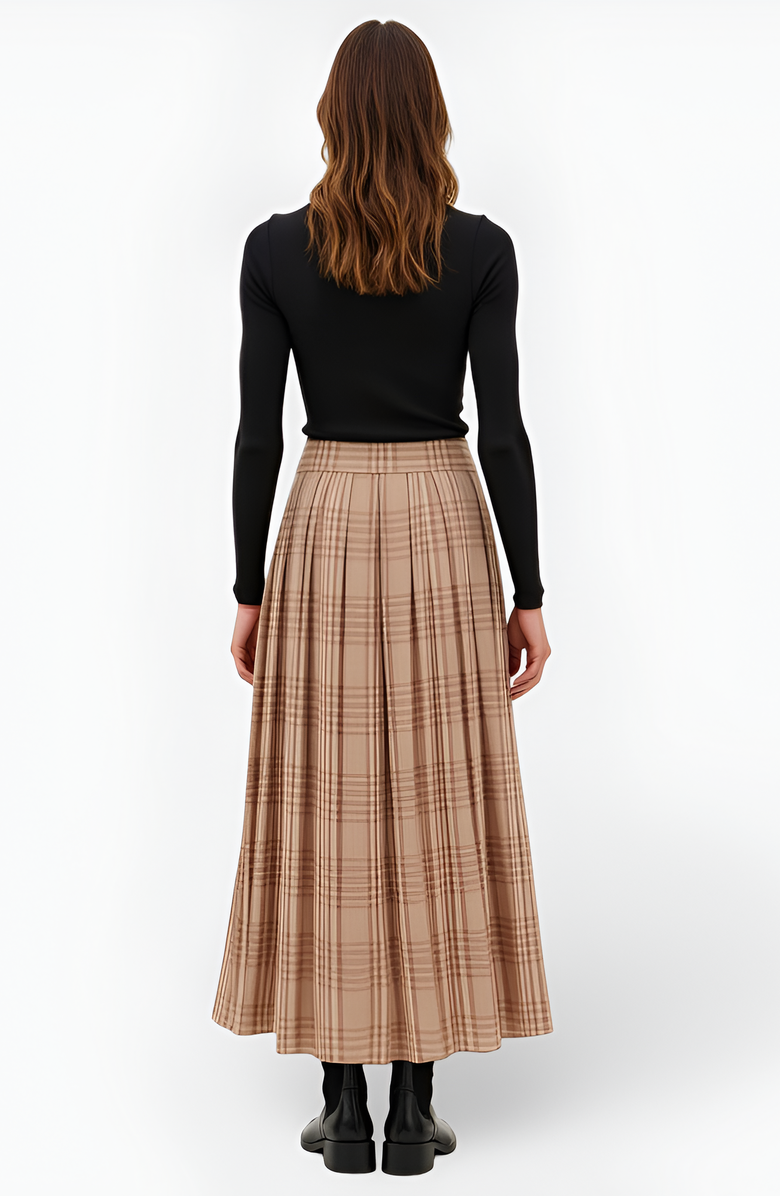 Modenaire Plaid Pleated Maxi Skirt with Elastic Waistband, Alternate, color, Plaid Beige/Brown