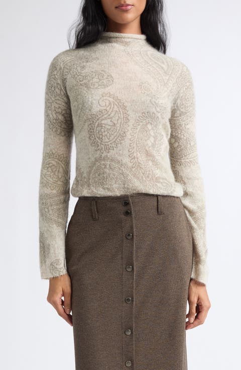 Paisley Print Alpaca Blend Mock Neck Sweater