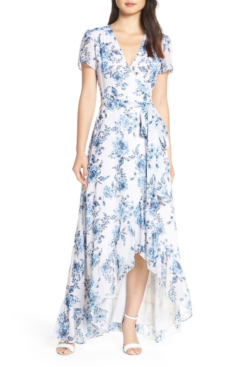 The Natasha Floral Wrap Maxi Dress, Main, color, BLUE TOILE FLORAL