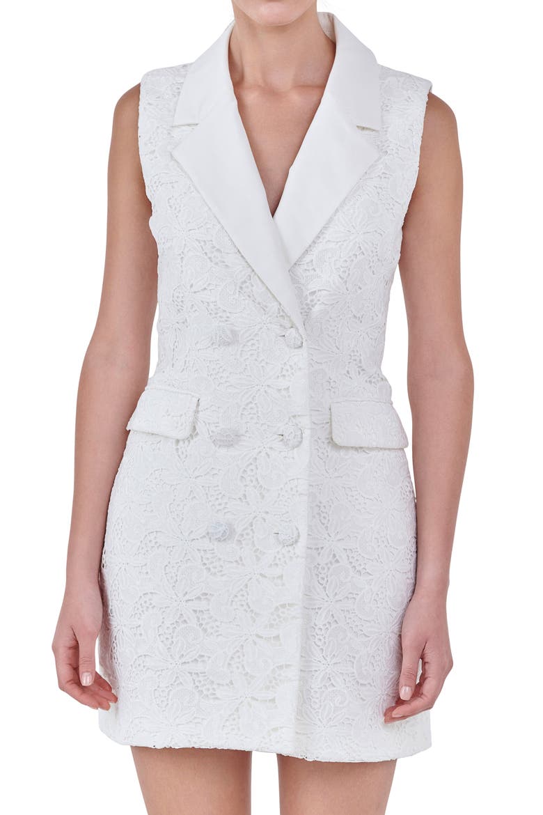 Lace Sleeveless Blazer Minidress, Alternate, color, WHITE