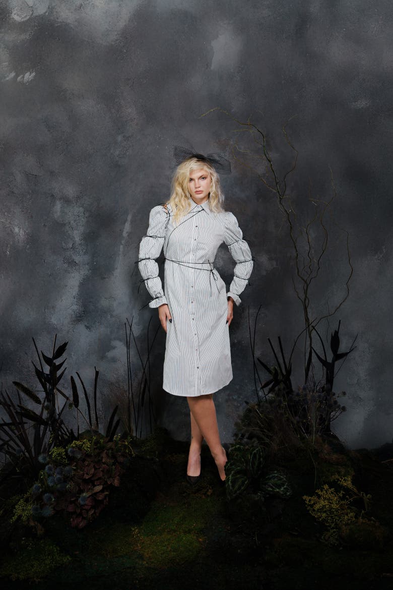 Thomasin Cotton-Blend Long Sleeve Collared Midi Dress, Alternate, color, Black-white