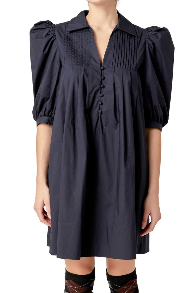 Pintuck Collar Puff Shoulder Minidress, Alternate, color, NAVY