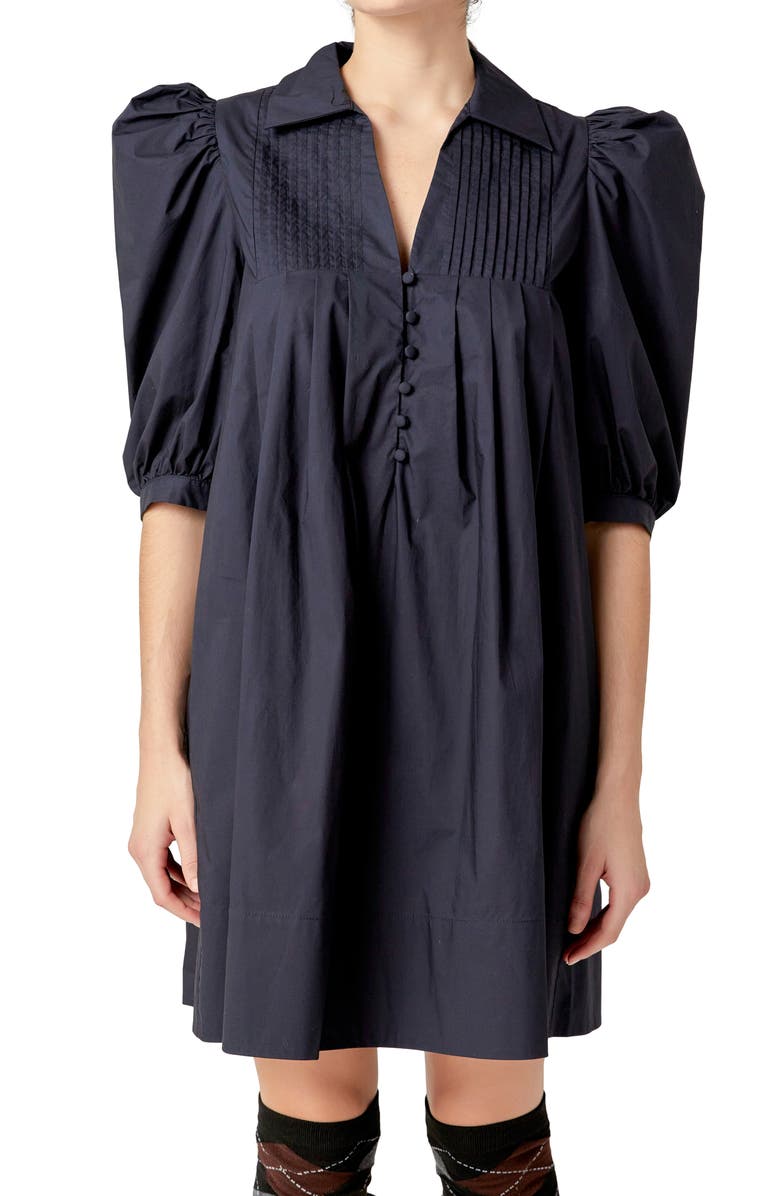 English Factory Pintuck Collar Puff Shoulder Minidress, Alternate, color, Navy