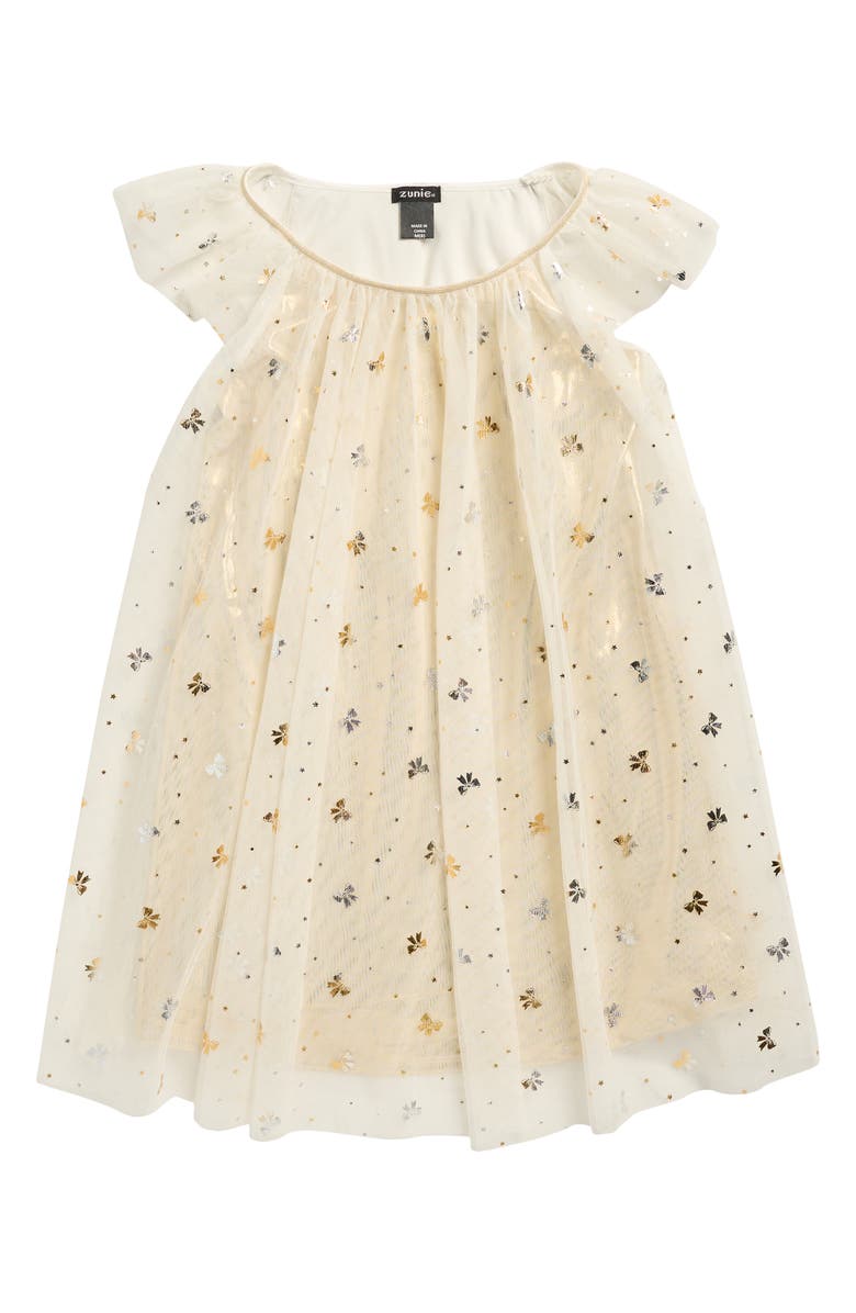 Zunie Kids' Foil Flutter Sleeve Dress, Main, color, Ivory/ Gold