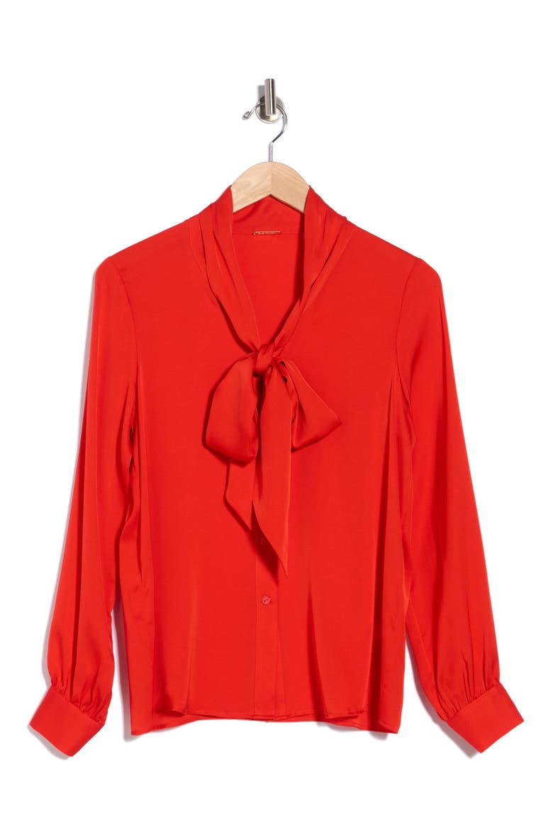 The Nicoletta Tie Neck Silk Stretch Satin Button-Up Shirt, Alternate, color, RED BLISS