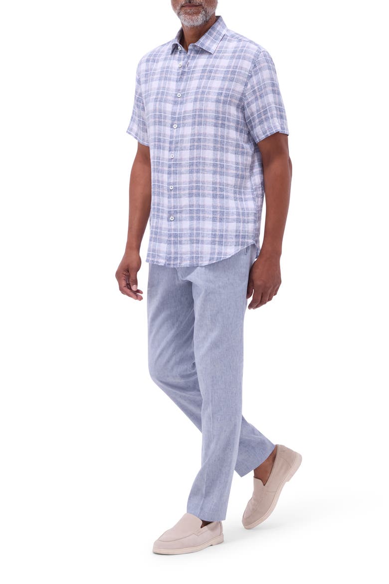 Orson Plaid Short Sleeve Slub Linen Button-Up Shirt, Alternate, color, STEEL