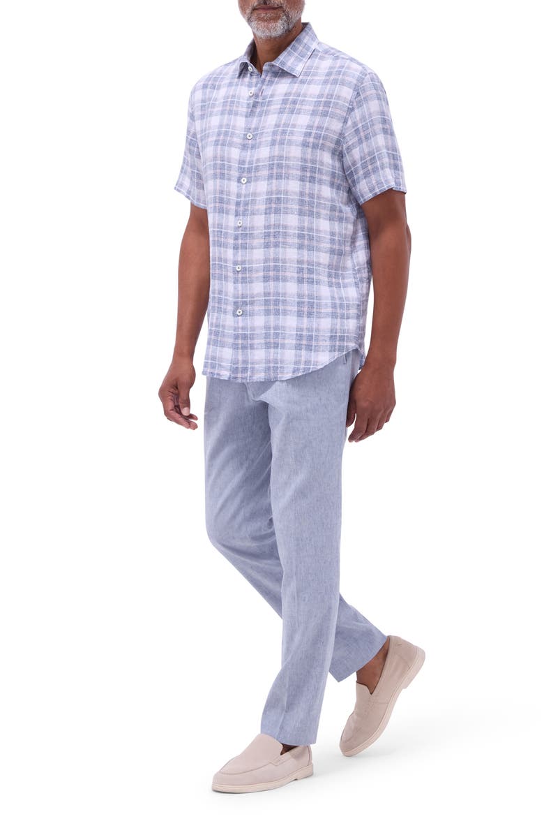Bugatchi Orson Plaid Short Sleeve Slub Linen Button-Up Shirt, Alternate, color, Steel