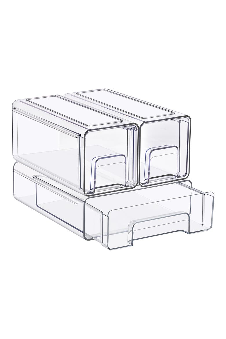 Set of 3 Stackable Storage Drawers, Main, color, CLEAR