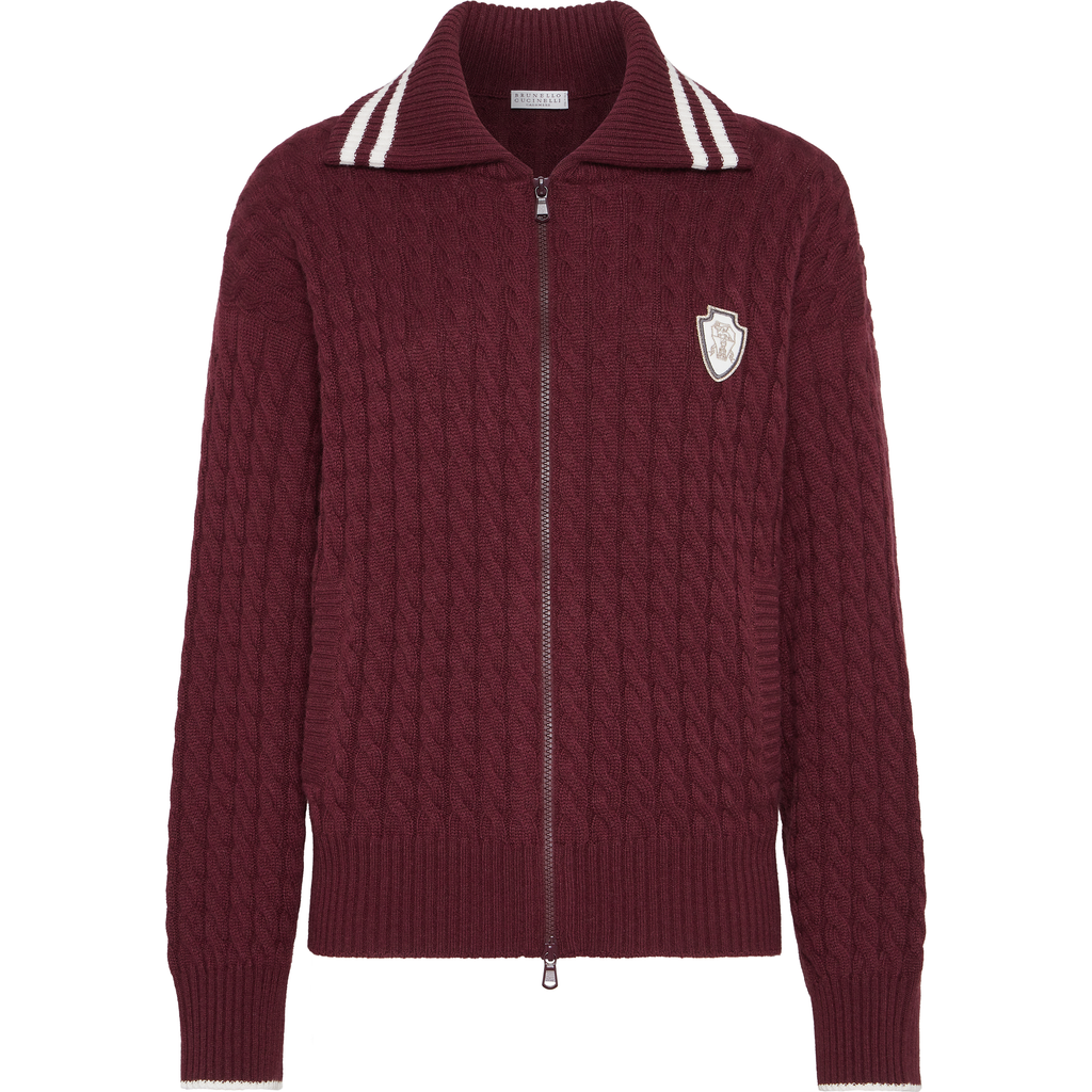 Brunello Cucinelli Women Red Cardigan With Bicolor Collar And Logo Patch On The Front In Cashmere Wo In Red