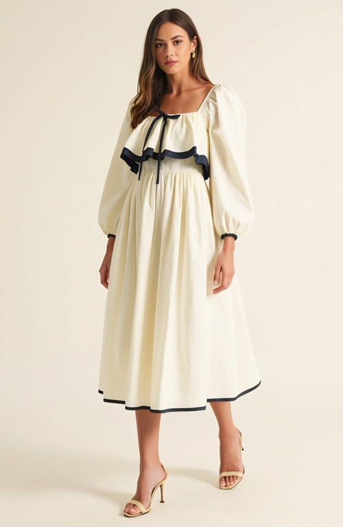 Modenaire Long Sleeve Ruffle Trim Midi Dress With Tie Front Detail