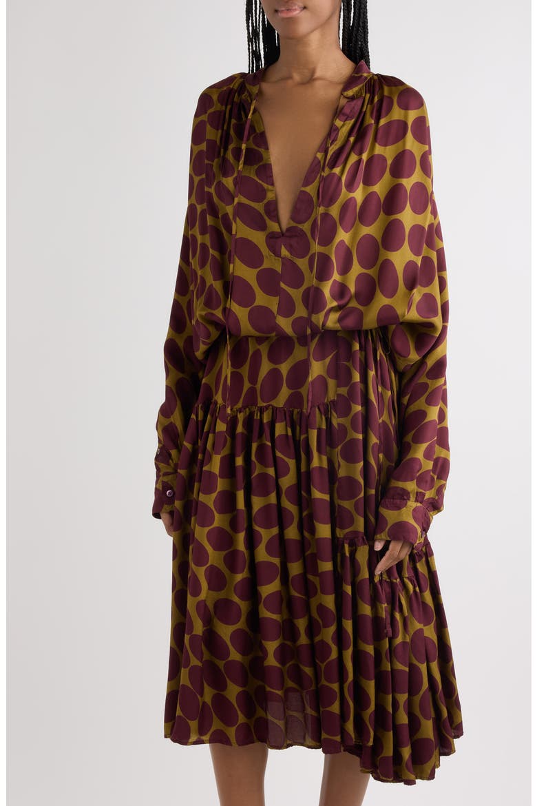 Denvo Fountain of Eggs Print Long Sleeve Twill Midi Dress, Alternate, color, CAMEL