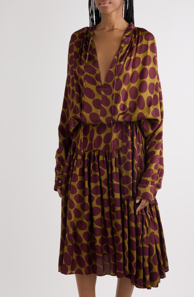 Dries Van Noten Denvo Fountain of Eggs Print Long Sleeve Twill Midi Dress, Alternate, color, Camel