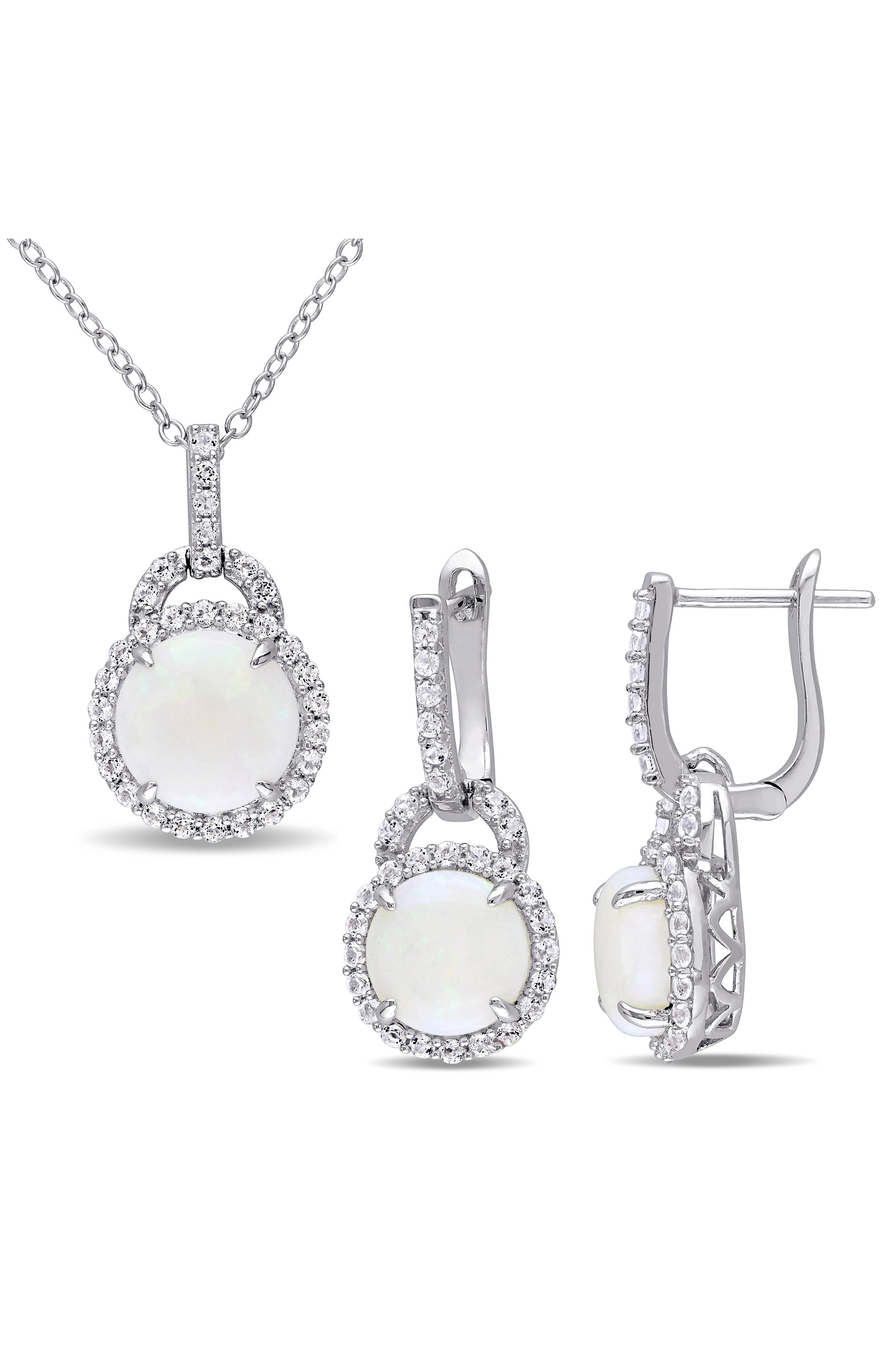 DELMAR Opal & White Topaz Pendant Necklace & Drop Earrings Set