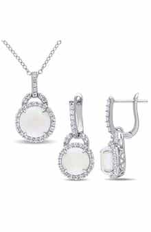Opal & White Topaz Pendant Necklace & Drop Earrings Set