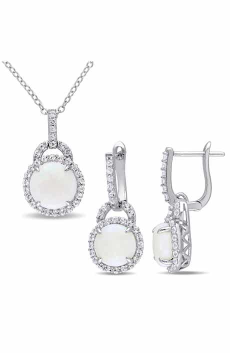 DELMAR Opal & White Topaz Pendant Necklace & Drop Earrings Set