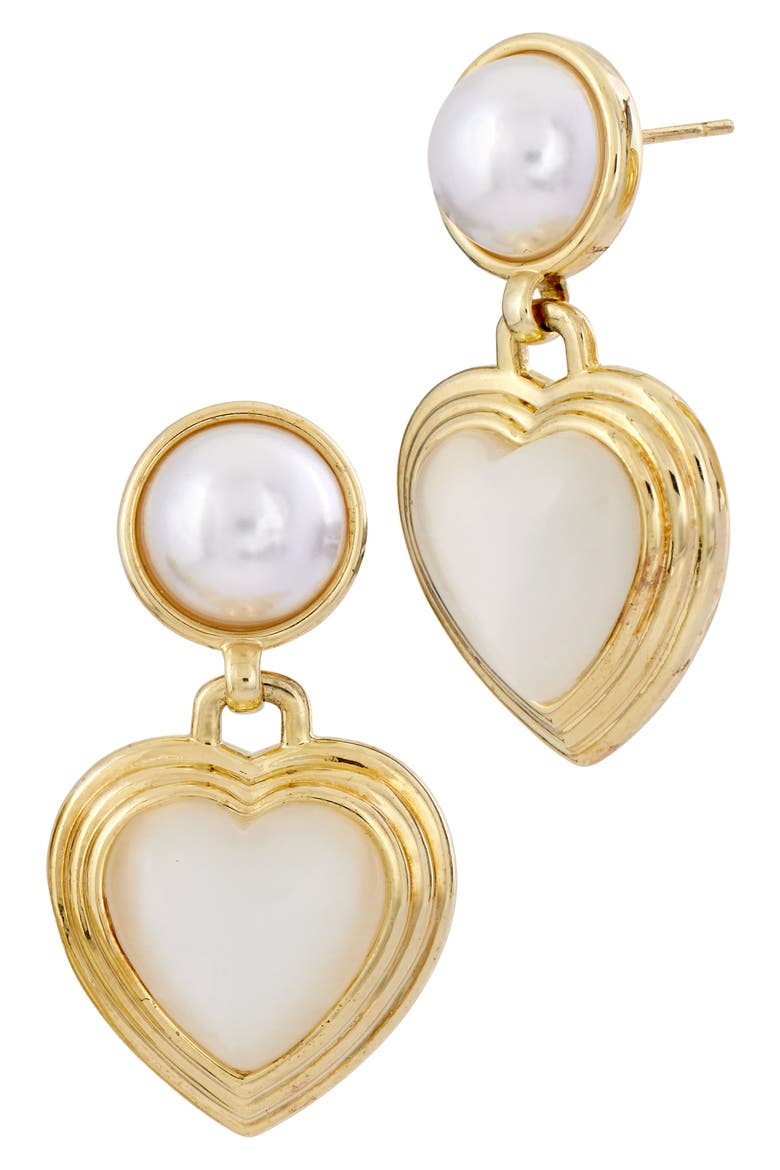 Faux Pearl & Mother-of-Pearl Heart Drop Earrings, Main, color, YELLOW