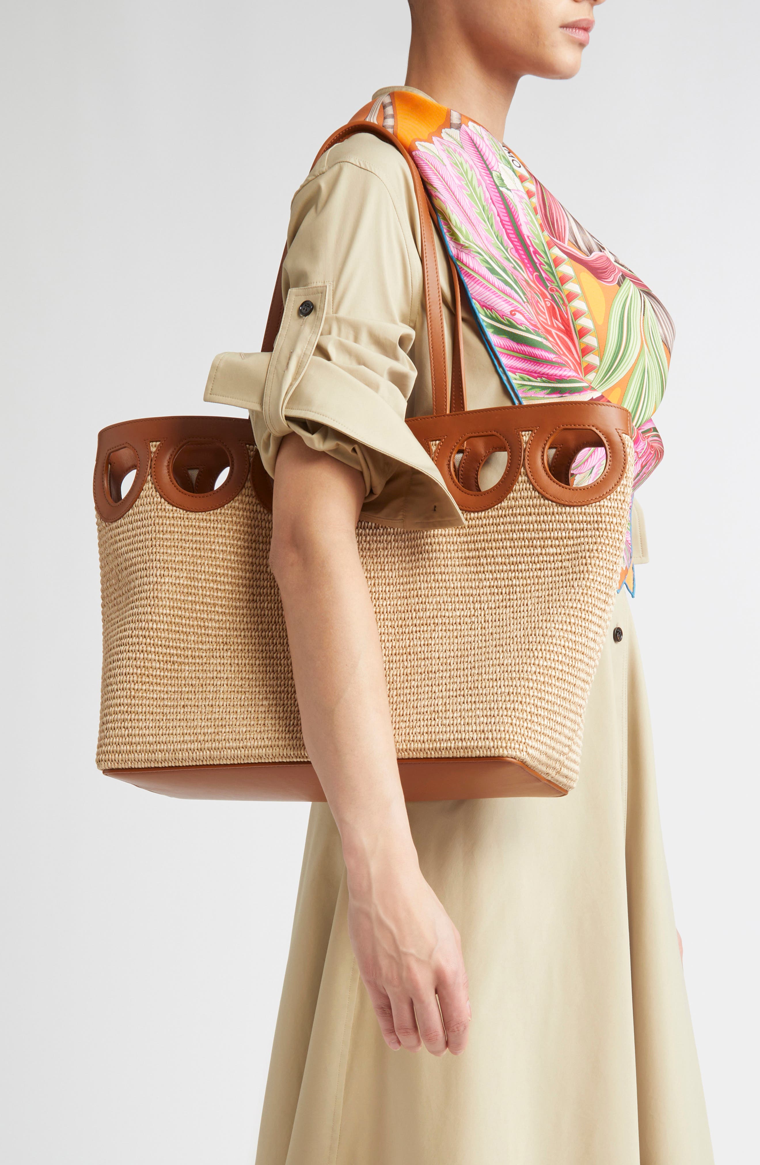 Medium Gancini Frame Perforated Raffia & Leather Tote, Alternate, color, NATURALE/ RESORT