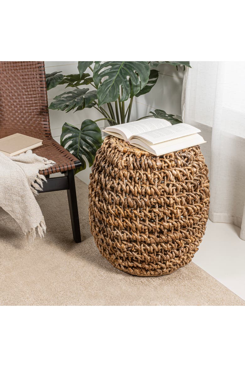 Sage Bohemian Woven Abaca Drum Stool, Barrel Side Table, Chunky Round Accent Footstool & End Table, Alternate, color, Brown