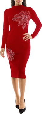 Nina Leonard Floral Studded Long Sleeve Sweater Dress