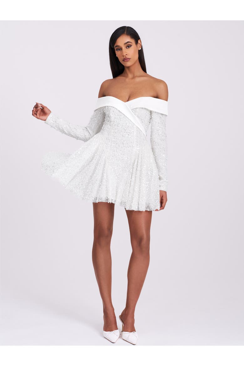 Kira Bead Embroidered Mesh Off Shoulder Long Sleeve Mini Dress, Alternate, color, White