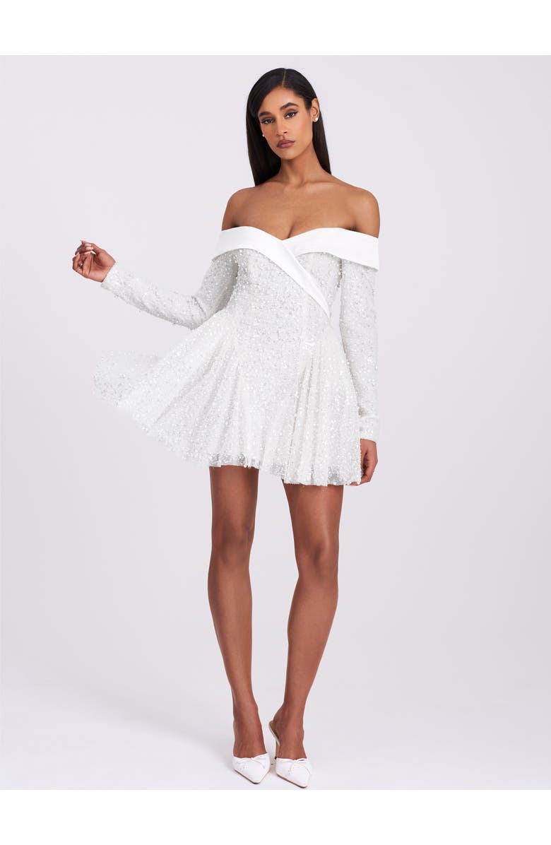 Miss Circle Kira Bead Embroidered Mesh Off Shoulder Long Sleeve Mini Dress, Alternate, color, White