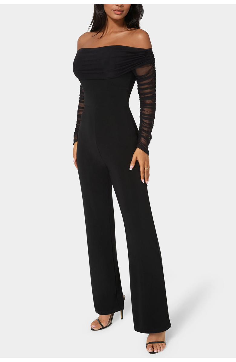 bebe Off Shoulder Ruched Jumpsuit, Alternate, color, Black