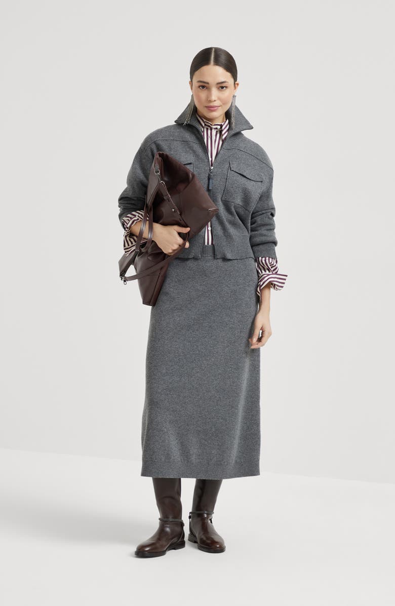 Brunello Cucinelli Double knit midi skirt, Alternate, color, Lead