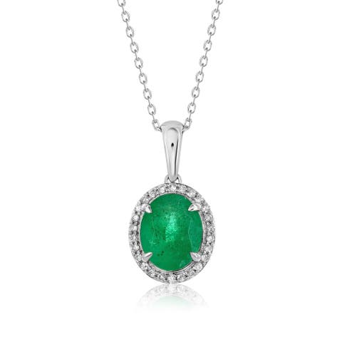 14K Gold 2.90cttw Oval-Cut Emerald & 0.15cttw Diamonds Pendant Necklace