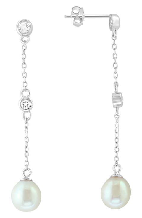 Sterling Silver Freshwater Pearl & White Topaz Drop Earrings
