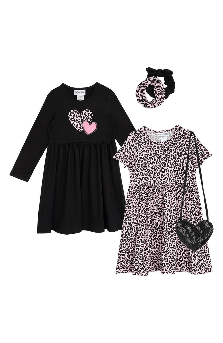Rare Editions Kids' Yummy Leopard Long Sleeve Dresses, Scrunchies & Heart Bag Set, Main, color, Black