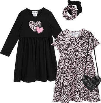 Kids' Yummy Leopard Long Sleeve Dresses, Scrunchies & Heart Bag Set