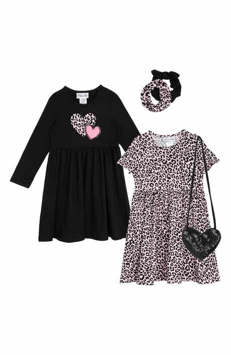 Rare Editions Kids' Yummy Leopard Long Sleeve Dresses, Scrunchies & Heart Bag Set
