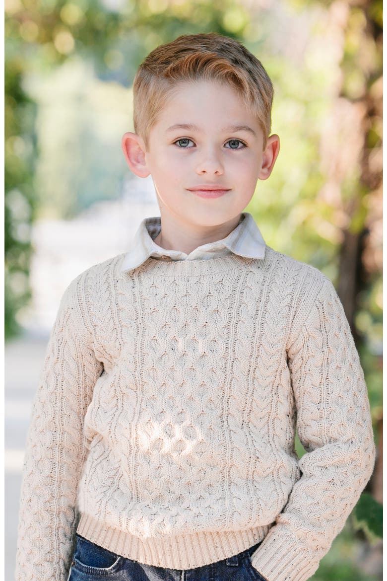 Kids' Organic Long Sleeve Fisherman Cable Pullover Sweater, Alternate, color, Natural Fleck