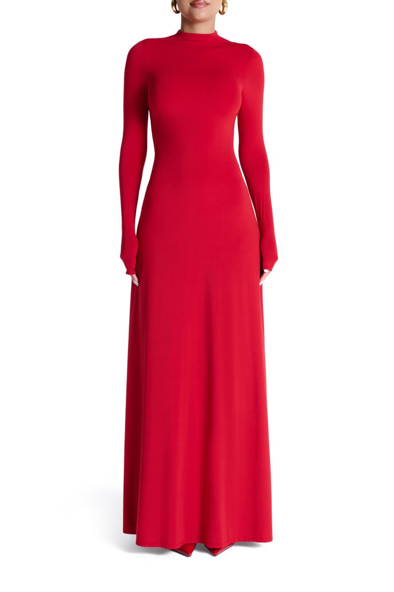 Mock Neck Long Sleeve Maxi Dress, Main, color, RED
