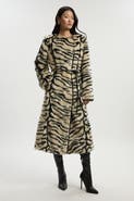 Karen Millen Faux Fur Collarless Tie Belted Midi Coat