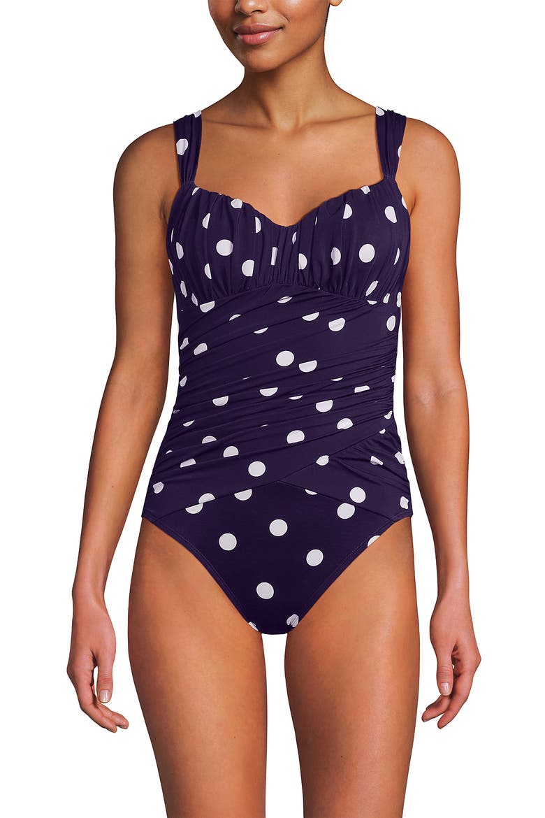 Smoothing Sweetheart Shirred One Piece, Main, color, Blackberry Polka Dot