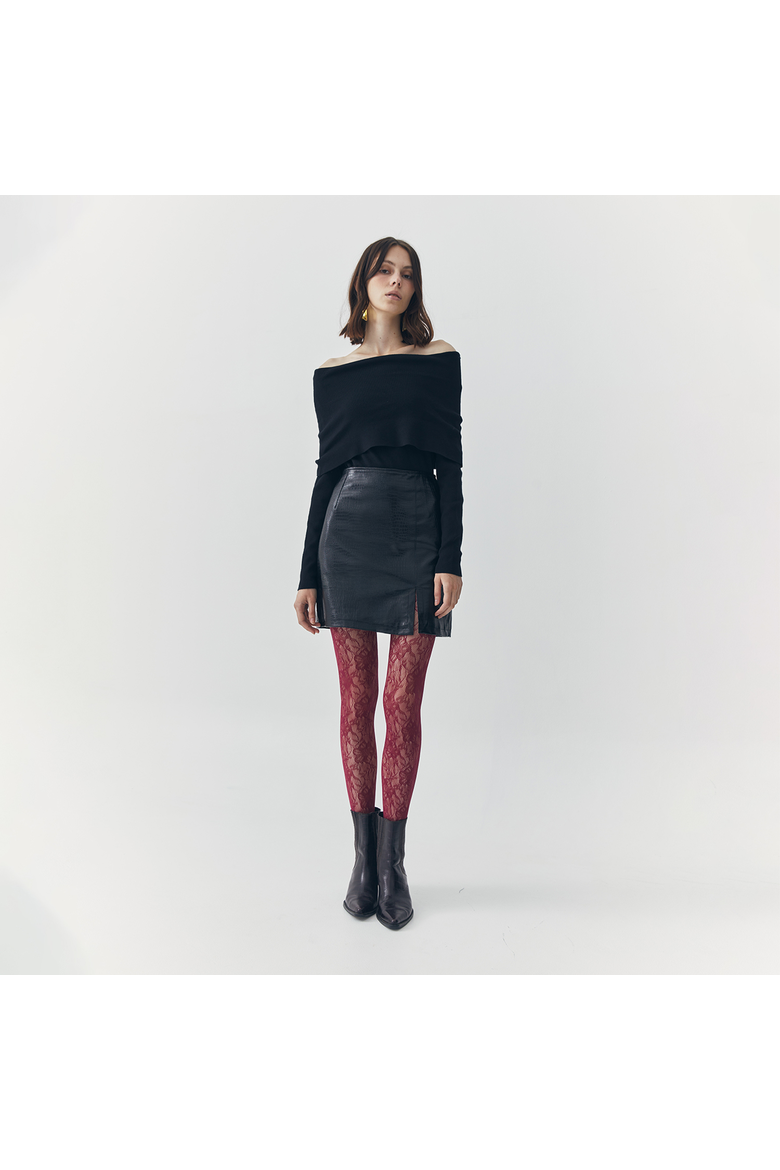 Tess Croc Embossed Leather Mini Slit Skirt, Alternate, color, Black
