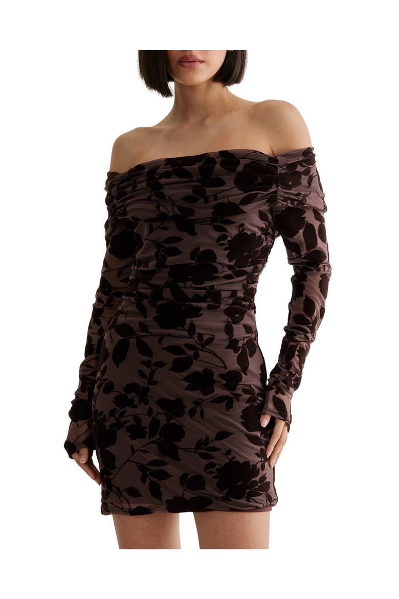 Floral Devore Ruched Mini Dress, Alternate, color, Chocolate