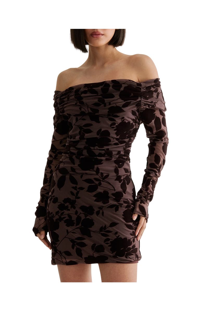 NASTY GAL Floral Devore Ruched Mini Dress, Alternate, color, Chocolate