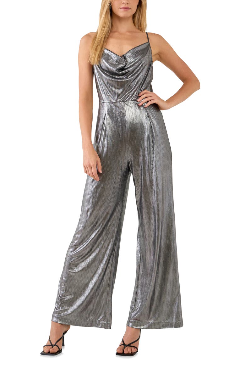 Cowl Neck Metallic Jumpsuit, Main, color, DARK SILVER
