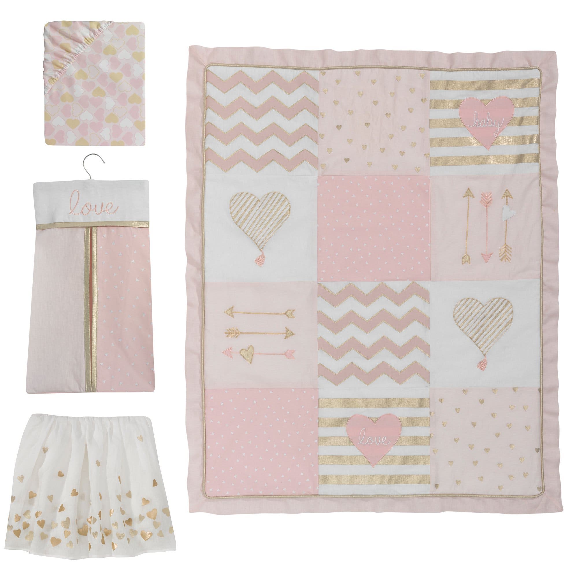 Lambs & Ivy Baby Love Metallic Hearts, Stripes and Chevrons 4-Piece Nursery Crib Bedding Set in Pink 