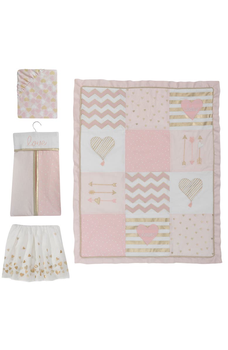Lambs & Ivy Baby Love Metallic Hearts, Stripes and Chevrons 4-Piece Nursery Crib Bedding Set, Main, color, Pink