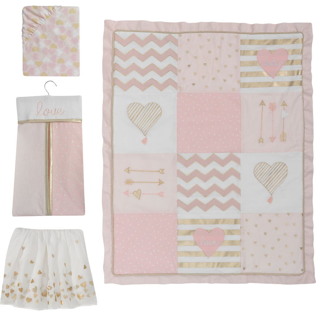 Lambs & Ivy Baby Love Metallic Hearts, Stripes and Chevrons 4-Piece Nursery Crib Bedding Set in Pink  product