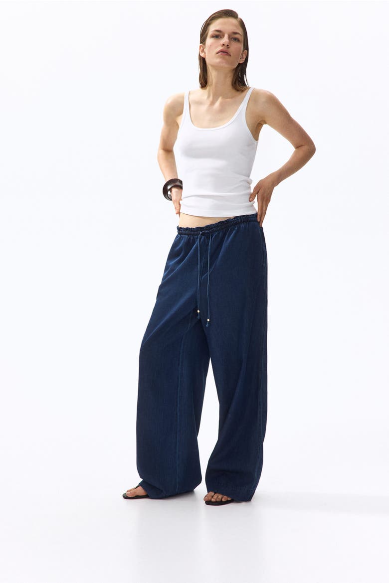 Tie-belt Wide Paper Bag Trousers, Alternate, color, Darker blue denim