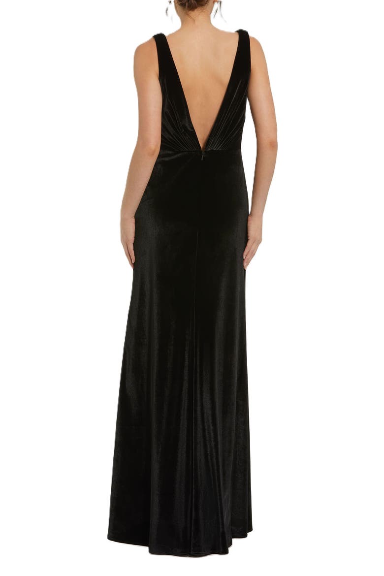 Deep V High Slit Draped Velvet Fitted Gown, Alternate, color, Black