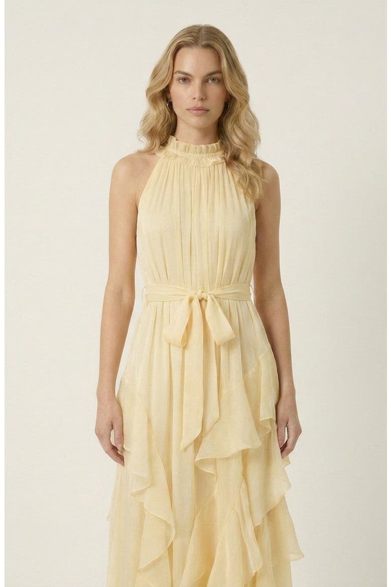 Halter Neck Ruffle Layer Waist Tie Maxi Dress, Alternate, color, Yellow