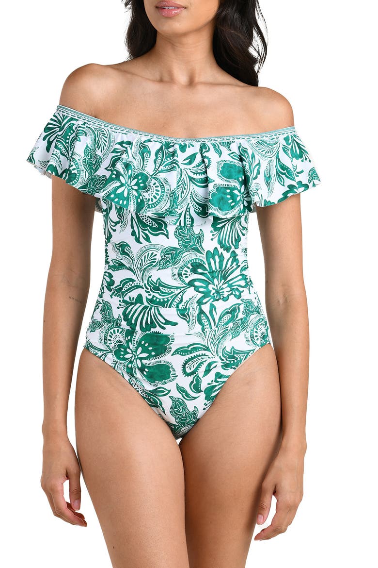 Botanical Brocade Ruffle Off the Shoulder One-Piece Swimsuit, Alternate, color, JUNGLE