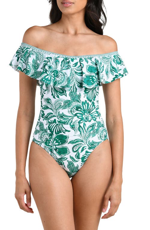 La Blanca Botanical Brocade Ruffle Off The Shoulder One-piece Swimsuit In Animal Print