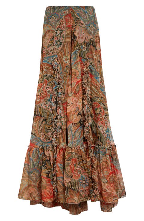 Paisley Print Ruffle Silk Chiffon Maxi Skirt